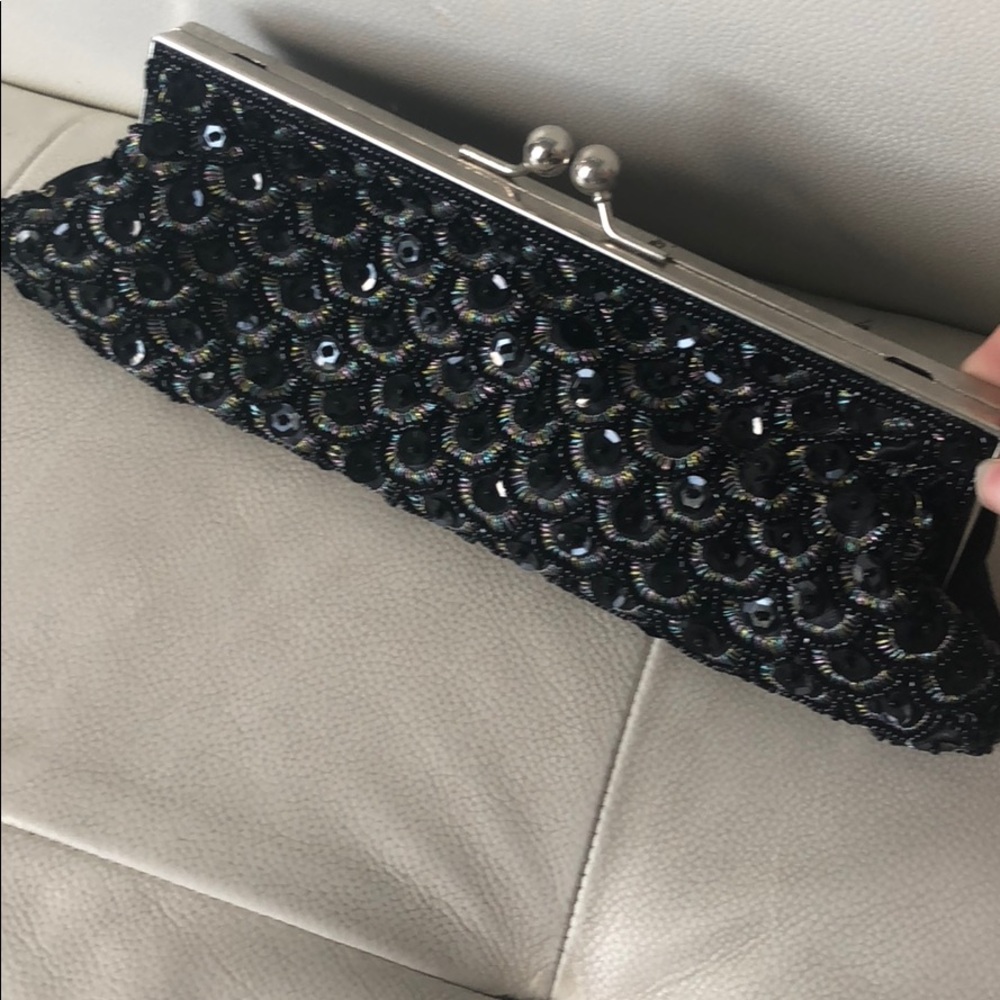 Clutch or strappy blk satin sequin evening bag